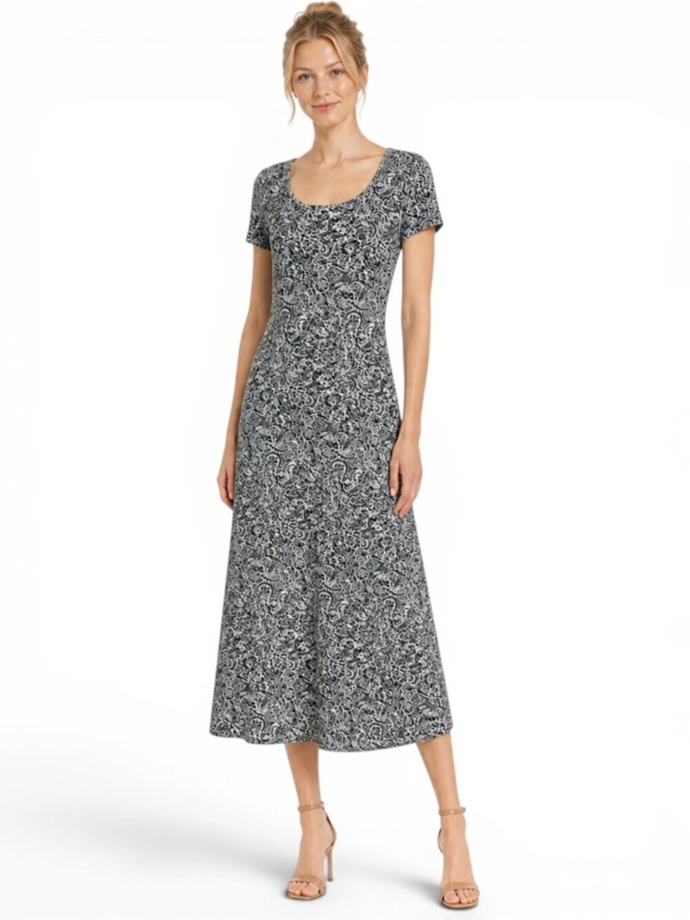 Peruvian Connection Long Gray Paisley Scoop Neck Short Sleeve Midi Dress XS